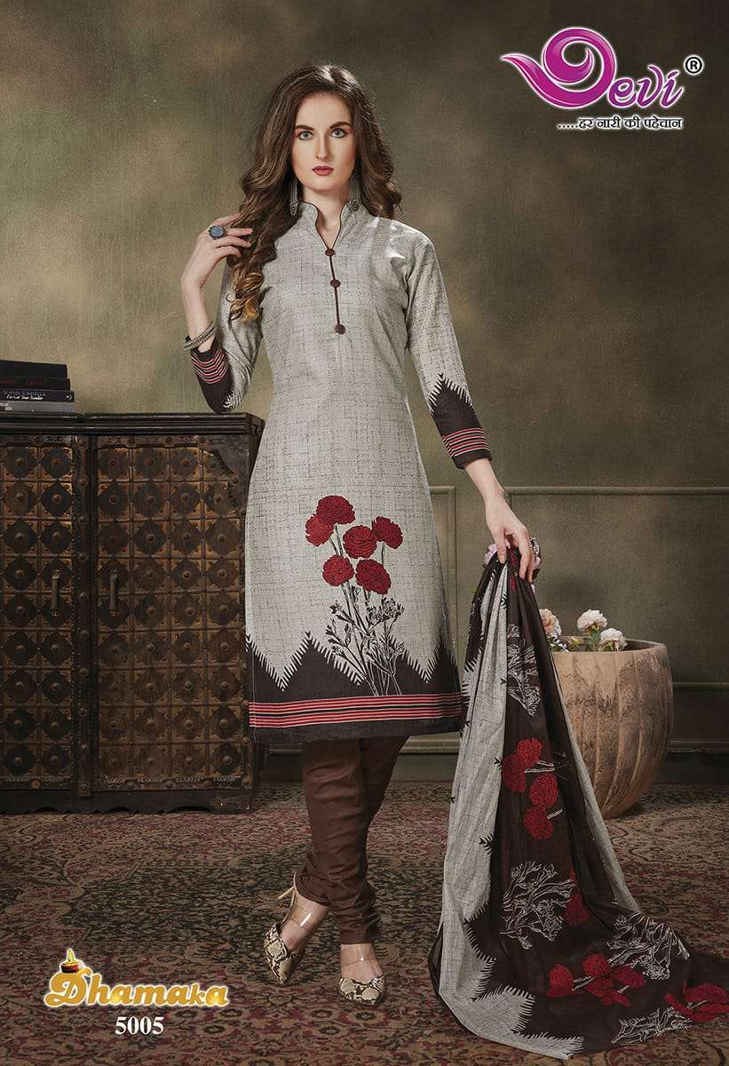 DHAMAKA VOL-5 BY DEVI 5001 TO 5012 SERIES BEAUTIFUL SUITS STYLISH FANCY COLORFUL PARTY WEAR & ETHNIC WEAR PURE COTTON PRINTED DRESSES AT WHOLESALE PRICE