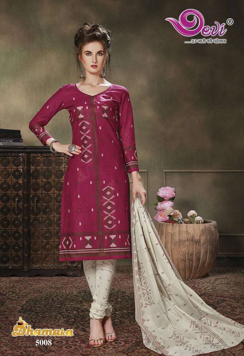 DHAMAKA VOL-5 BY DEVI 5001 TO 5012 SERIES BEAUTIFUL SUITS STYLISH FANCY COLORFUL PARTY WEAR & ETHNIC WEAR PURE COTTON PRINTED DRESSES AT WHOLESALE PRICE