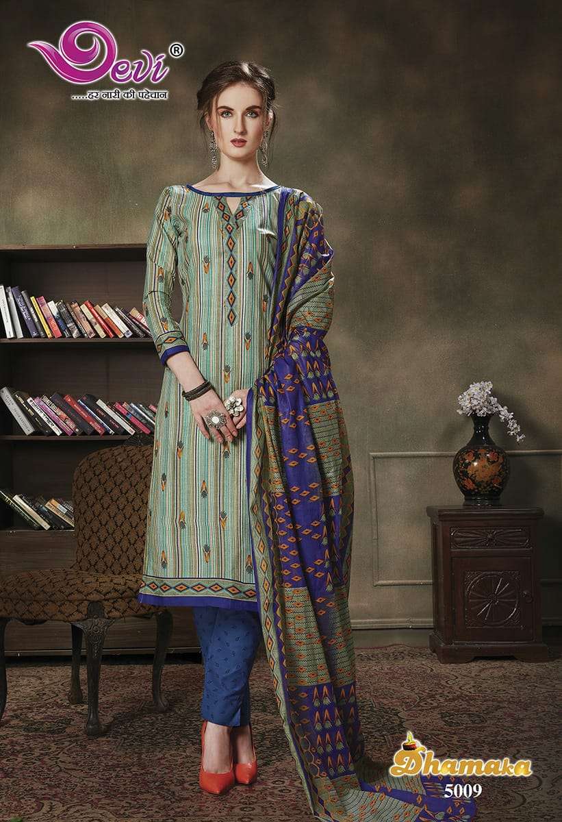 DHAMAKA VOL-5 BY DEVI 5001 TO 5012 SERIES BEAUTIFUL SUITS STYLISH FANCY COLORFUL PARTY WEAR & ETHNIC WEAR PURE COTTON PRINTED DRESSES AT WHOLESALE PRICE