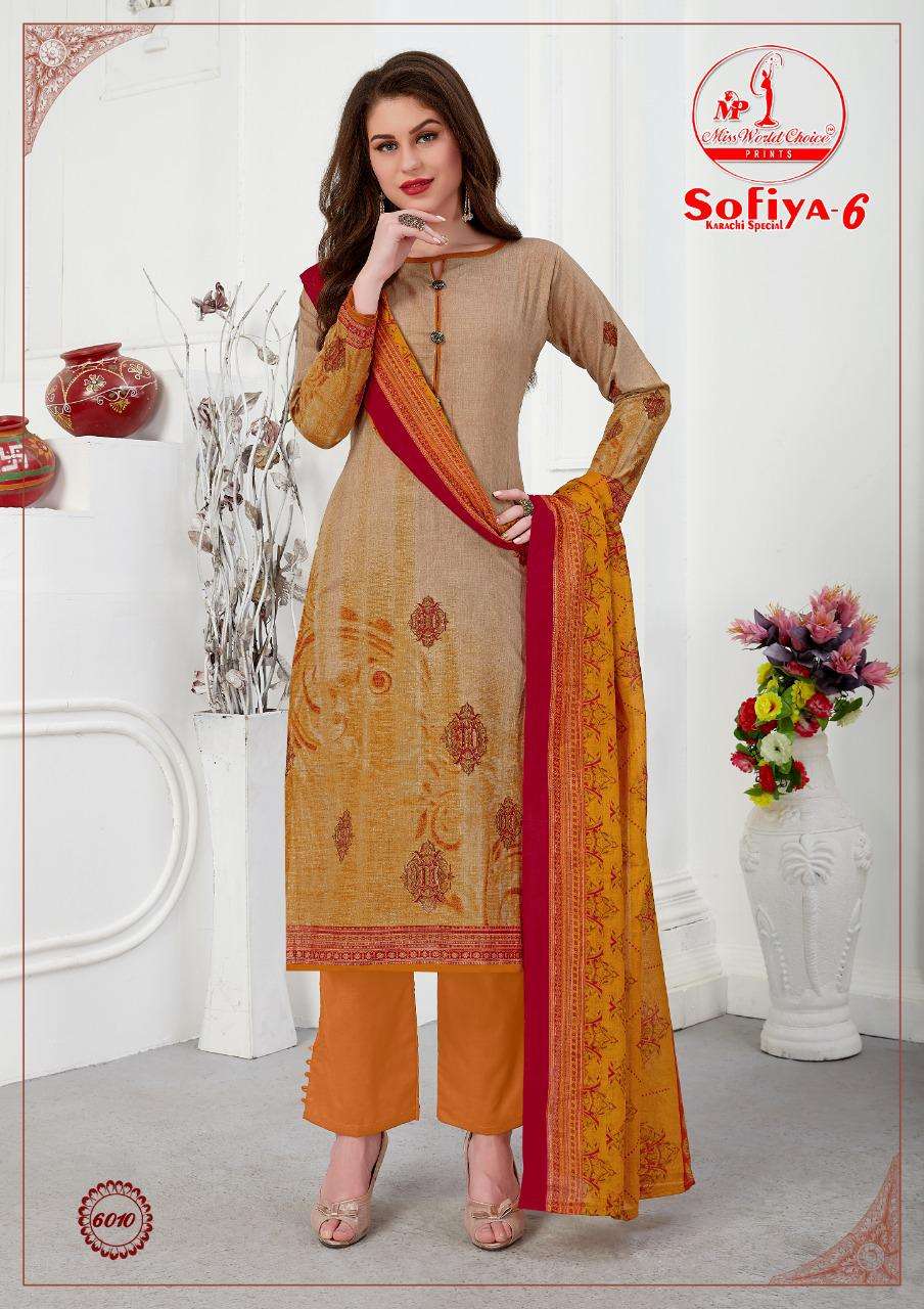 SOFIYA VOL-6 BY MISS WORLD CHOICE 6001 TO 6010 SERIES BEAUTIFUL SUITS STYLISH FANCY COLORFUL PARTY WEAR & ETHNIC WEAR PURE COTTON PRINTED DRESSES AT WHOLESALE PRICE