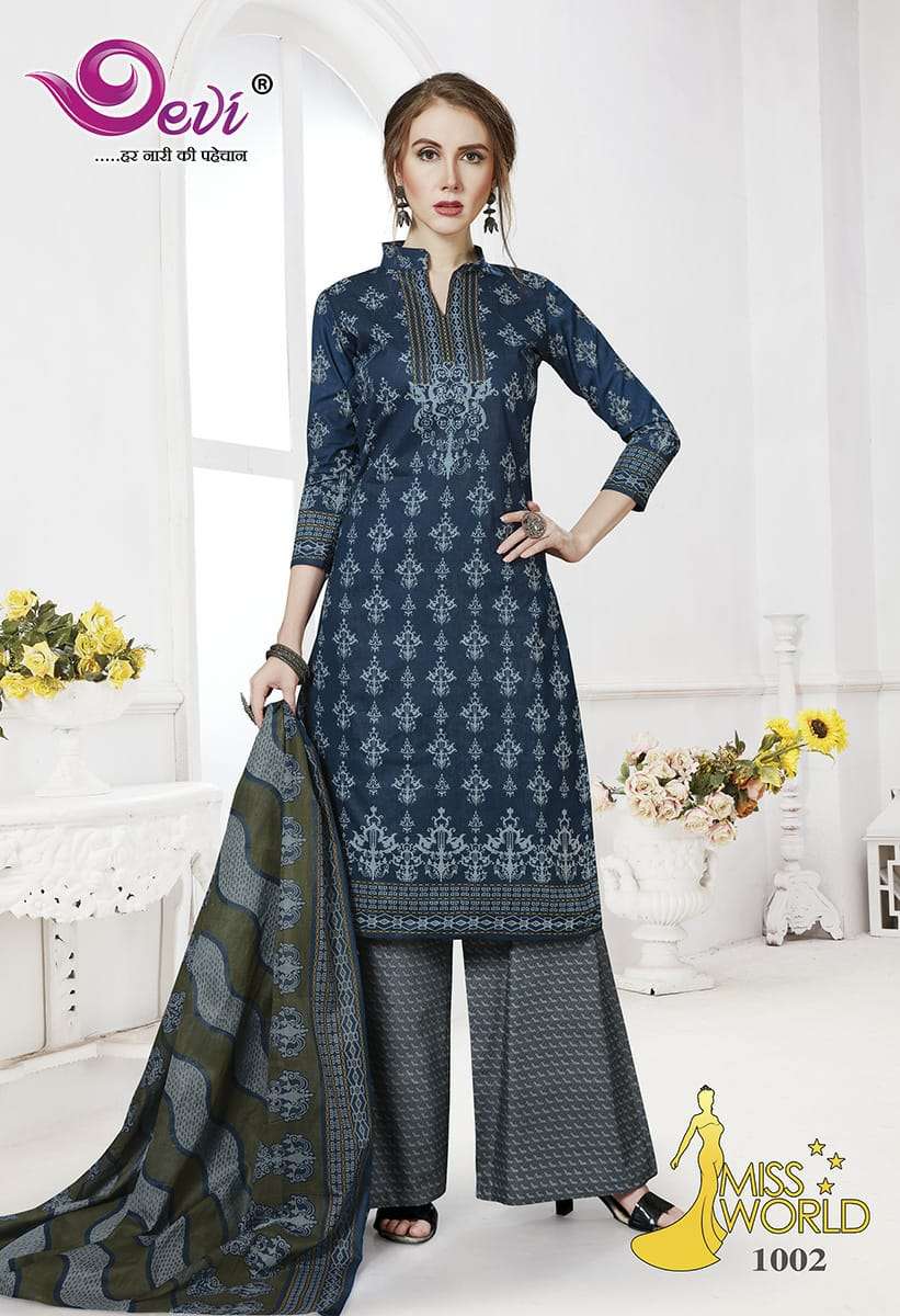 MISS WORLD BY DEVI 1001 TO 1012 SERIES BEAUTIFUL SUITS STYLISH FANCY COLORFUL PARTY WEAR & ETHNIC WEAR PURE COTTON PRINTED DRESSES AT WHOLESALE PRICE
