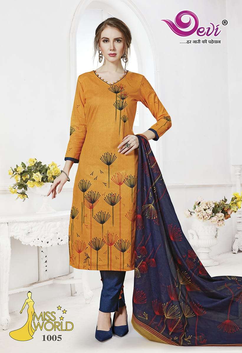 MISS WORLD BY DEVI 1001 TO 1012 SERIES BEAUTIFUL SUITS STYLISH FANCY COLORFUL PARTY WEAR & ETHNIC WEAR PURE COTTON PRINTED DRESSES AT WHOLESALE PRICE