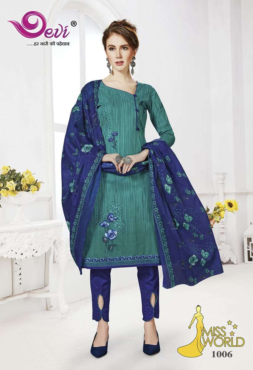 MISS WORLD BY DEVI 1001 TO 1012 SERIES BEAUTIFUL SUITS STYLISH FANCY COLORFUL PARTY WEAR & ETHNIC WEAR PURE COTTON PRINTED DRESSES AT WHOLESALE PRICE