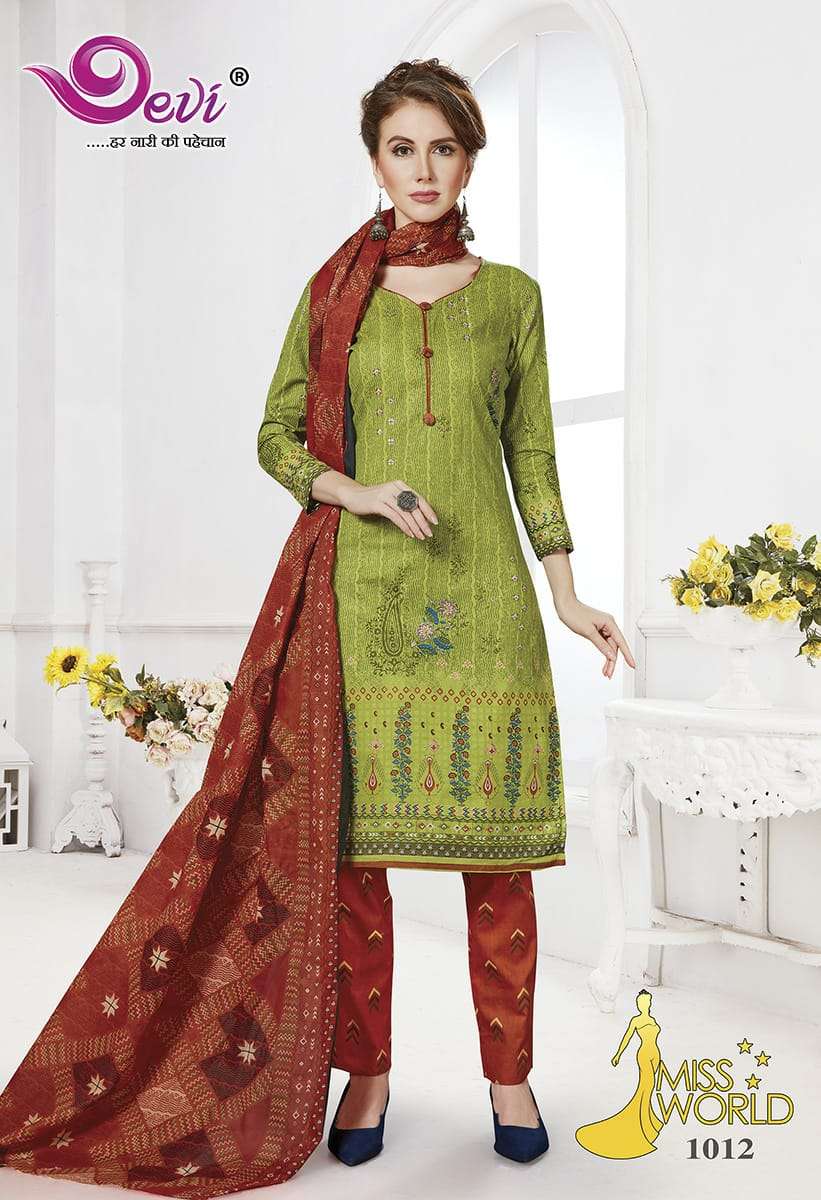 MISS WORLD BY DEVI 1001 TO 1012 SERIES BEAUTIFUL SUITS STYLISH FANCY COLORFUL PARTY WEAR & ETHNIC WEAR PURE COTTON PRINTED DRESSES AT WHOLESALE PRICE