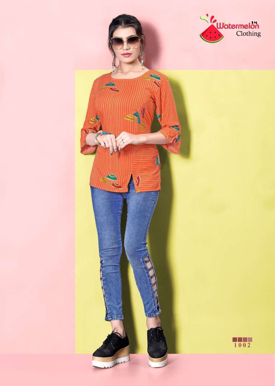 DIAMOND PARTY VOL-2 BY WATERMELON 1001 TO 1010 SERIES BEAUTIFUL STYLISH FANCY COLORFUL CASUAL WEAR & ETHNIC WEAR 14 KG RAYON PRINTED TOPS AT WHOLESALE PRICE