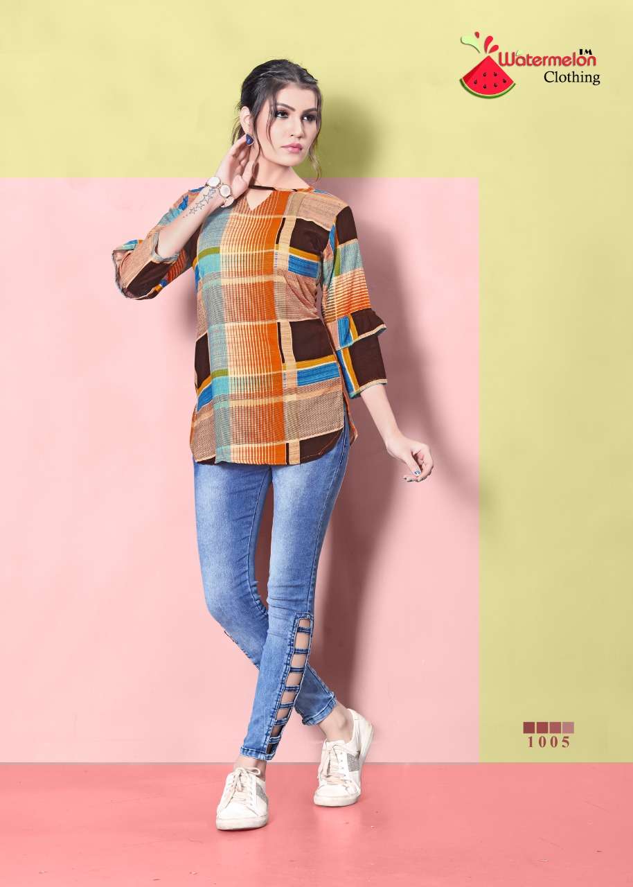 DIAMOND PARTY VOL-2 BY WATERMELON 1001 TO 1010 SERIES BEAUTIFUL STYLISH FANCY COLORFUL CASUAL WEAR & ETHNIC WEAR 14 KG RAYON PRINTED TOPS AT WHOLESALE PRICE
