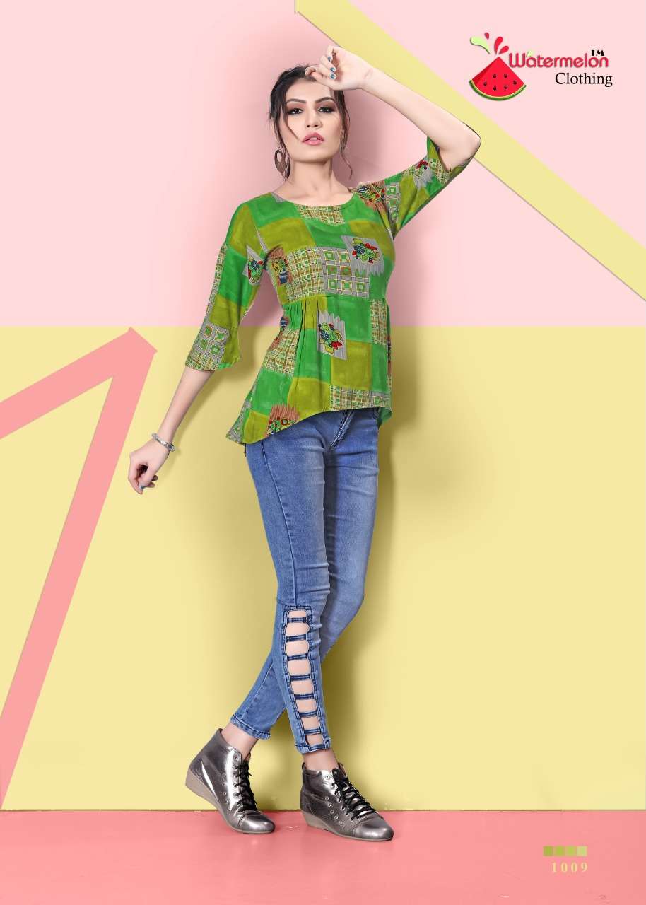 DIAMOND PARTY VOL-2 BY WATERMELON 1001 TO 1010 SERIES BEAUTIFUL STYLISH FANCY COLORFUL CASUAL WEAR & ETHNIC WEAR 14 KG RAYON PRINTED TOPS AT WHOLESALE PRICE