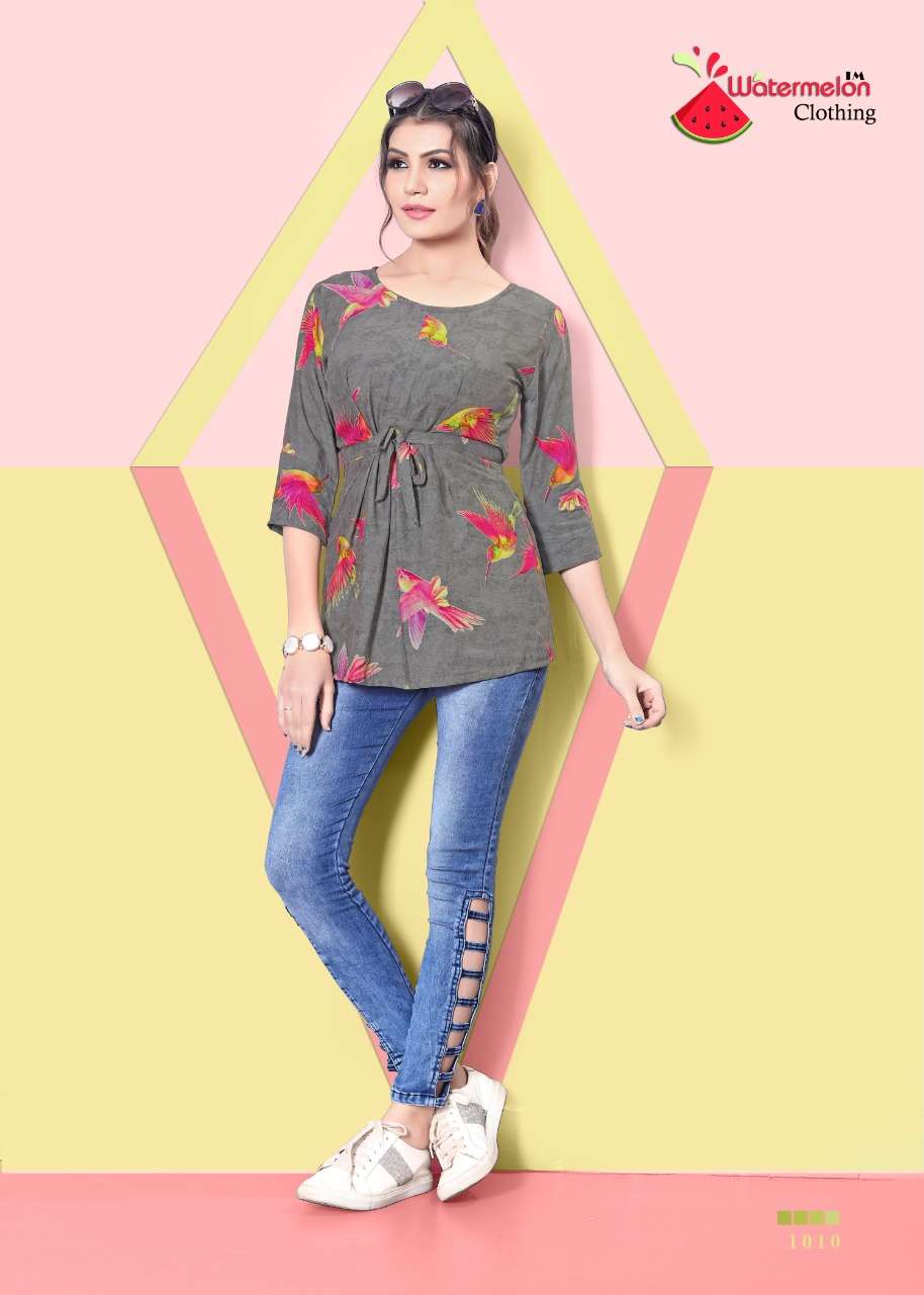 DIAMOND PARTY VOL-2 BY WATERMELON 1001 TO 1010 SERIES BEAUTIFUL STYLISH FANCY COLORFUL CASUAL WEAR & ETHNIC WEAR 14 KG RAYON PRINTED TOPS AT WHOLESALE PRICE