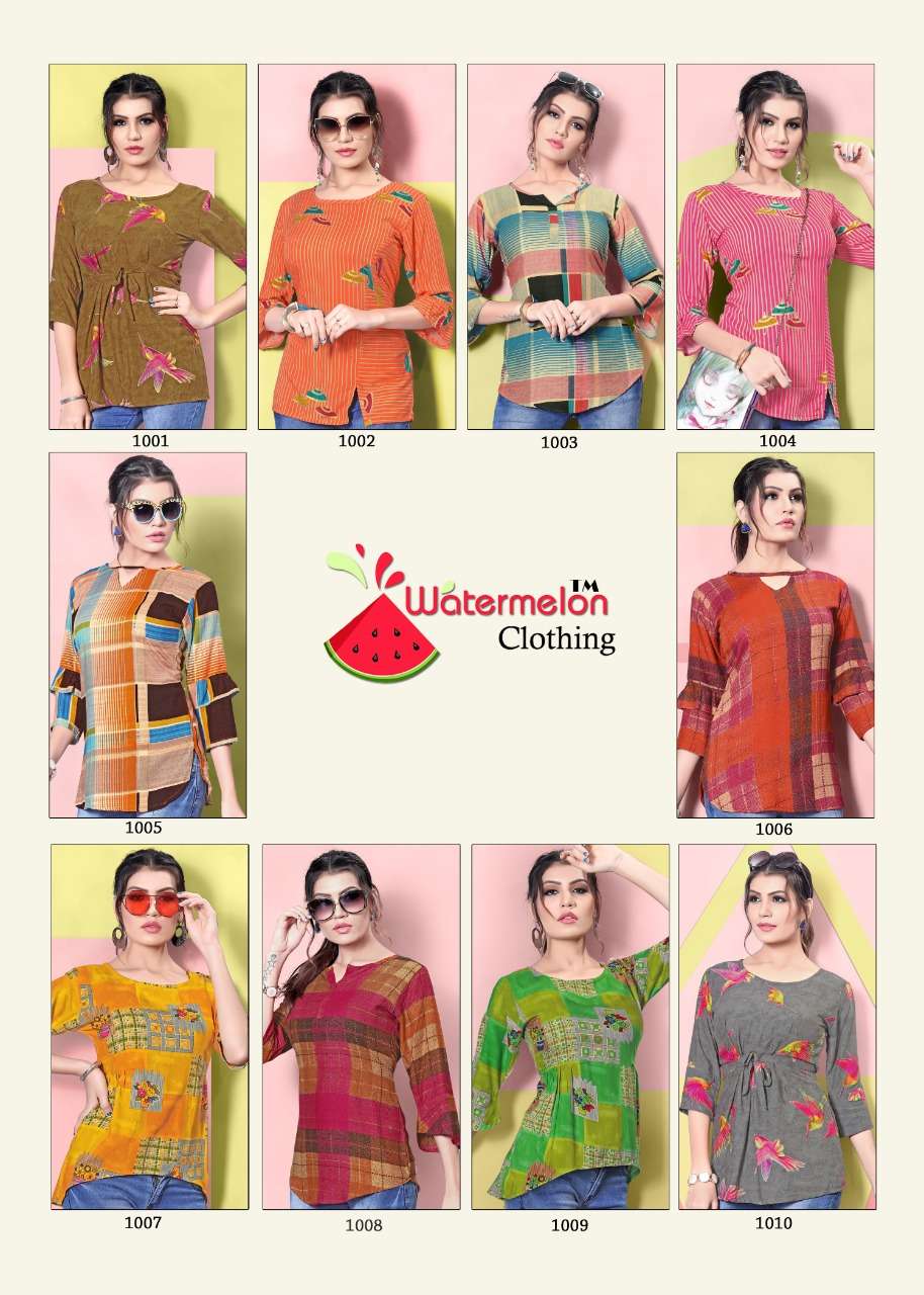 DIAMOND PARTY VOL-2 BY WATERMELON 1001 TO 1010 SERIES BEAUTIFUL STYLISH FANCY COLORFUL CASUAL WEAR & ETHNIC WEAR 14 KG RAYON PRINTED TOPS AT WHOLESALE PRICE