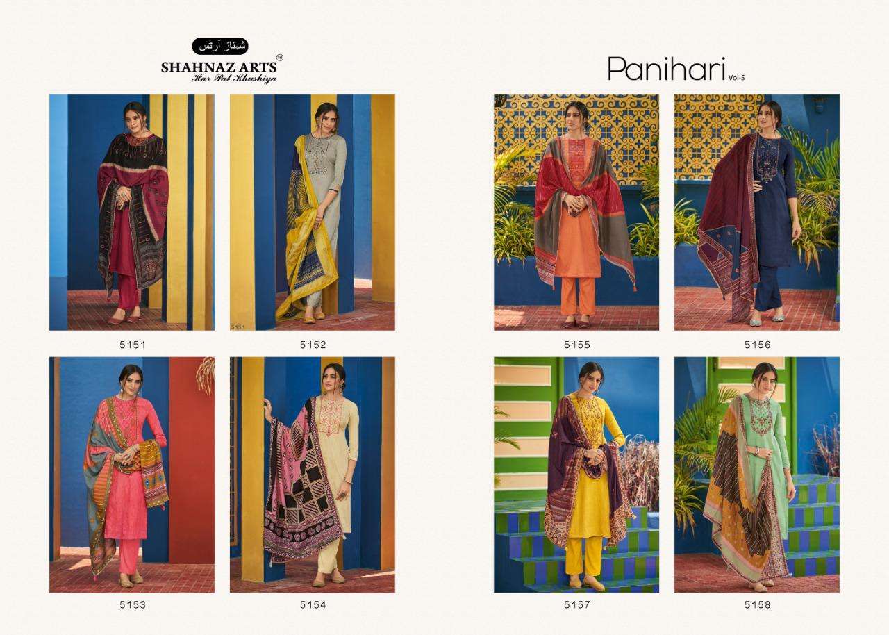 PANIHARI VOL-5 BY SHAHNAZ ARTS 5151 TO 5158 SERIES BEAUTIFUL SUITS STYLISH FANCY COLORFUL PARTY WEAR & OCCASIONAL WEAR JAM COTTON WITH EMBROIDERY DRESSES AT WHOLESALE PRICE