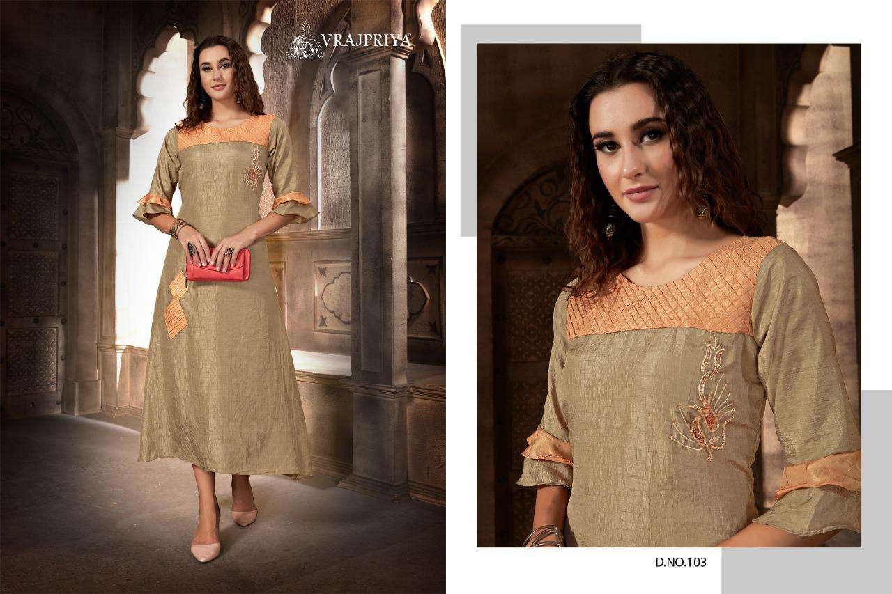 TULSI VOL-1 BY VRAJPRIYA 101 TO 103 SERIES BEAUTIFUL COLORFUL STYLISH FANCY CASUAL WEAR & ETHNIC WEAR & READY TO WEAR DOLA SILK EMBROIDERED KURTIS AT WHOLESALE PRICE