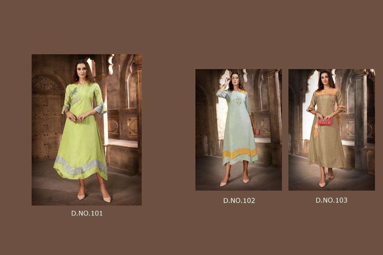TULSI VOL-1 BY VRAJPRIYA 101 TO 103 SERIES BEAUTIFUL COLORFUL STYLISH FANCY CASUAL WEAR & ETHNIC WEAR & READY TO WEAR DOLA SILK EMBROIDERED KURTIS AT WHOLESALE PRICE