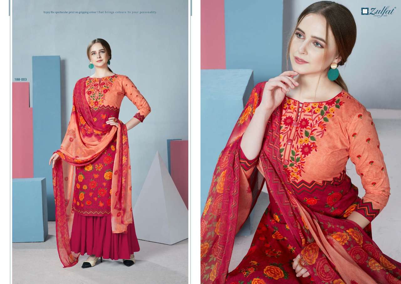 FLORENCE 188 SERIES BY ZULFAT 188-001 TO 188-010 SERIES DESIGNER SHARARA SUITS BEAUTIFUL STYLISH FANCY COLORFUL PARTY WEAR & OCCASIONAL WEAR FPURE COTTON DIGITAL PRINTED DRESSES AT WHOLESALE PRICE