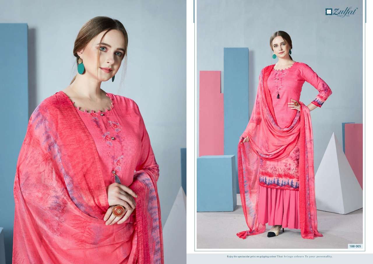 FLORENCE 188 SERIES BY ZULFAT 188-001 TO 188-010 SERIES DESIGNER SHARARA SUITS BEAUTIFUL STYLISH FANCY COLORFUL PARTY WEAR & OCCASIONAL WEAR FPURE COTTON DIGITAL PRINTED DRESSES AT WHOLESALE PRICE