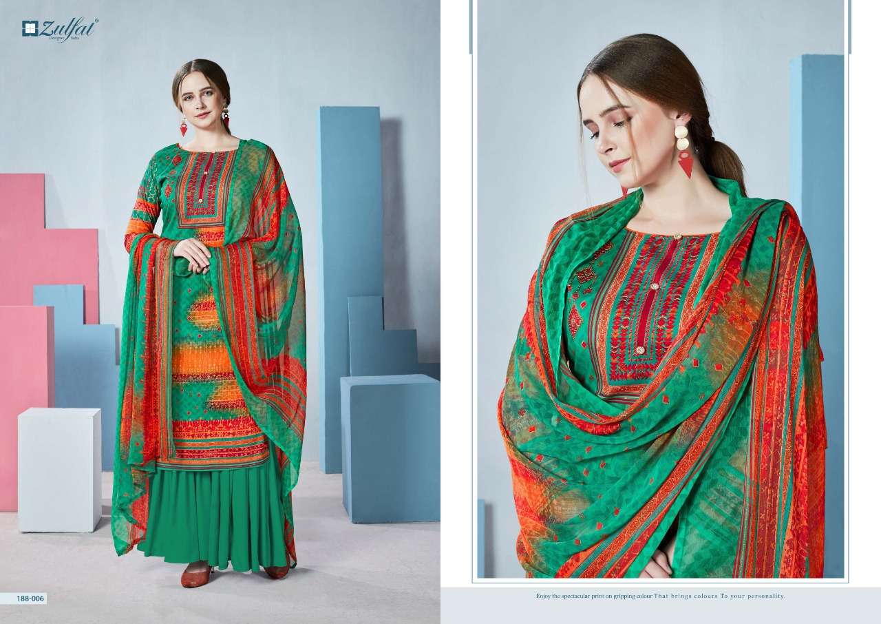 FLORENCE 188 SERIES BY ZULFAT 188-001 TO 188-010 SERIES DESIGNER SHARARA SUITS BEAUTIFUL STYLISH FANCY COLORFUL PARTY WEAR & OCCASIONAL WEAR FPURE COTTON DIGITAL PRINTED DRESSES AT WHOLESALE PRICE