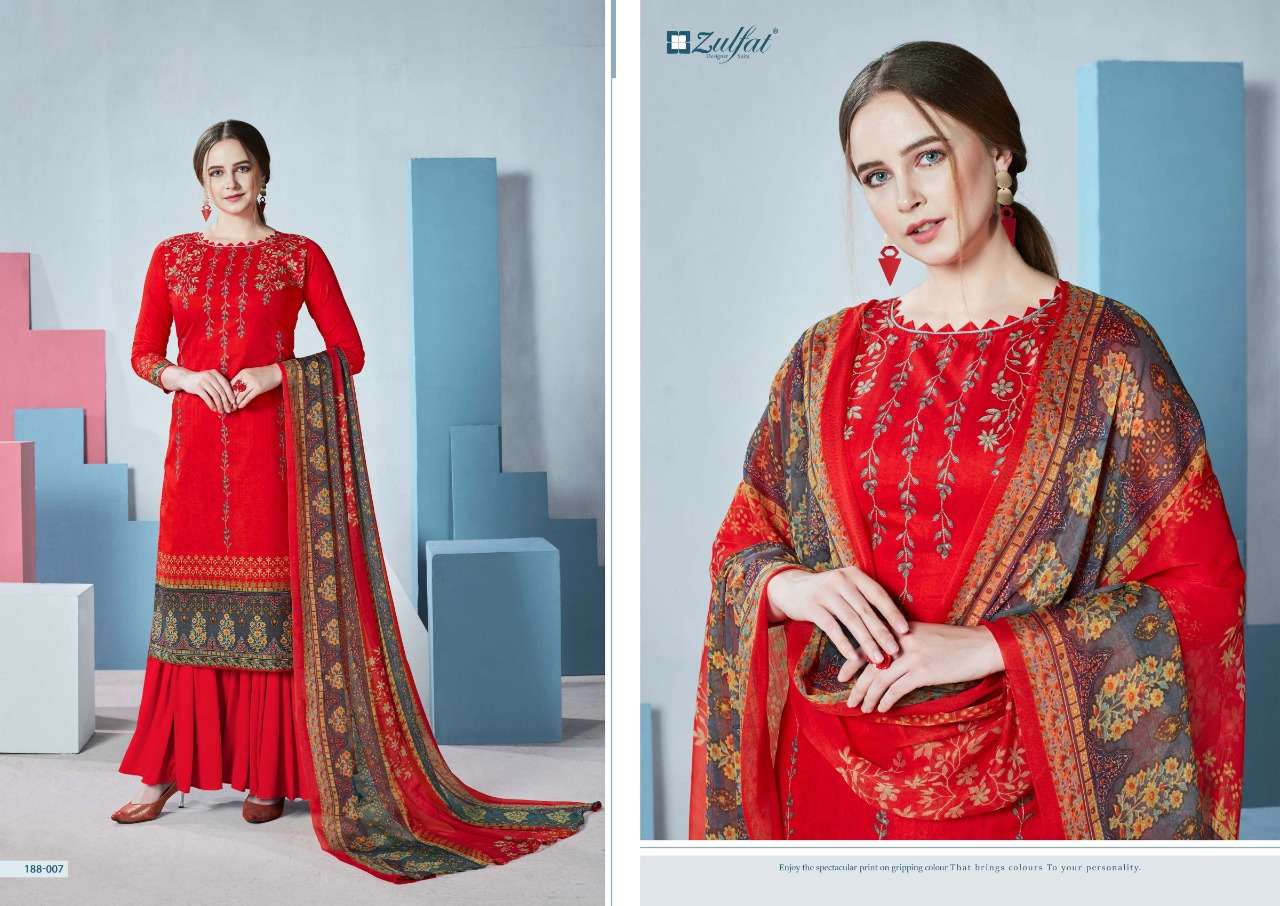 FLORENCE 188 SERIES BY ZULFAT 188-001 TO 188-010 SERIES DESIGNER SHARARA SUITS BEAUTIFUL STYLISH FANCY COLORFUL PARTY WEAR & OCCASIONAL WEAR FPURE COTTON DIGITAL PRINTED DRESSES AT WHOLESALE PRICE