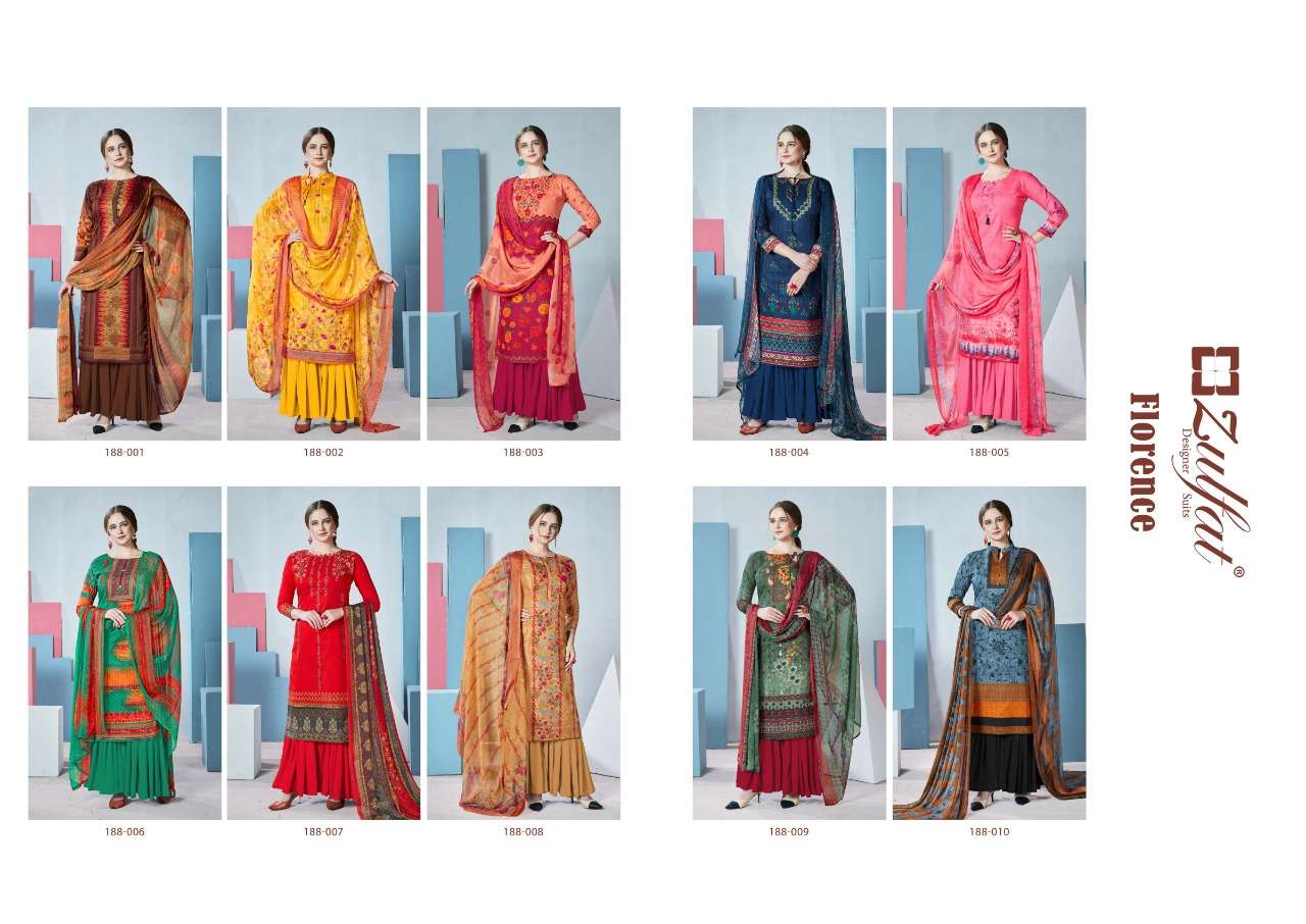 FLORENCE 188 SERIES BY ZULFAT 188-001 TO 188-010 SERIES DESIGNER SHARARA SUITS BEAUTIFUL STYLISH FANCY COLORFUL PARTY WEAR & OCCASIONAL WEAR FPURE COTTON DIGITAL PRINTED DRESSES AT WHOLESALE PRICE