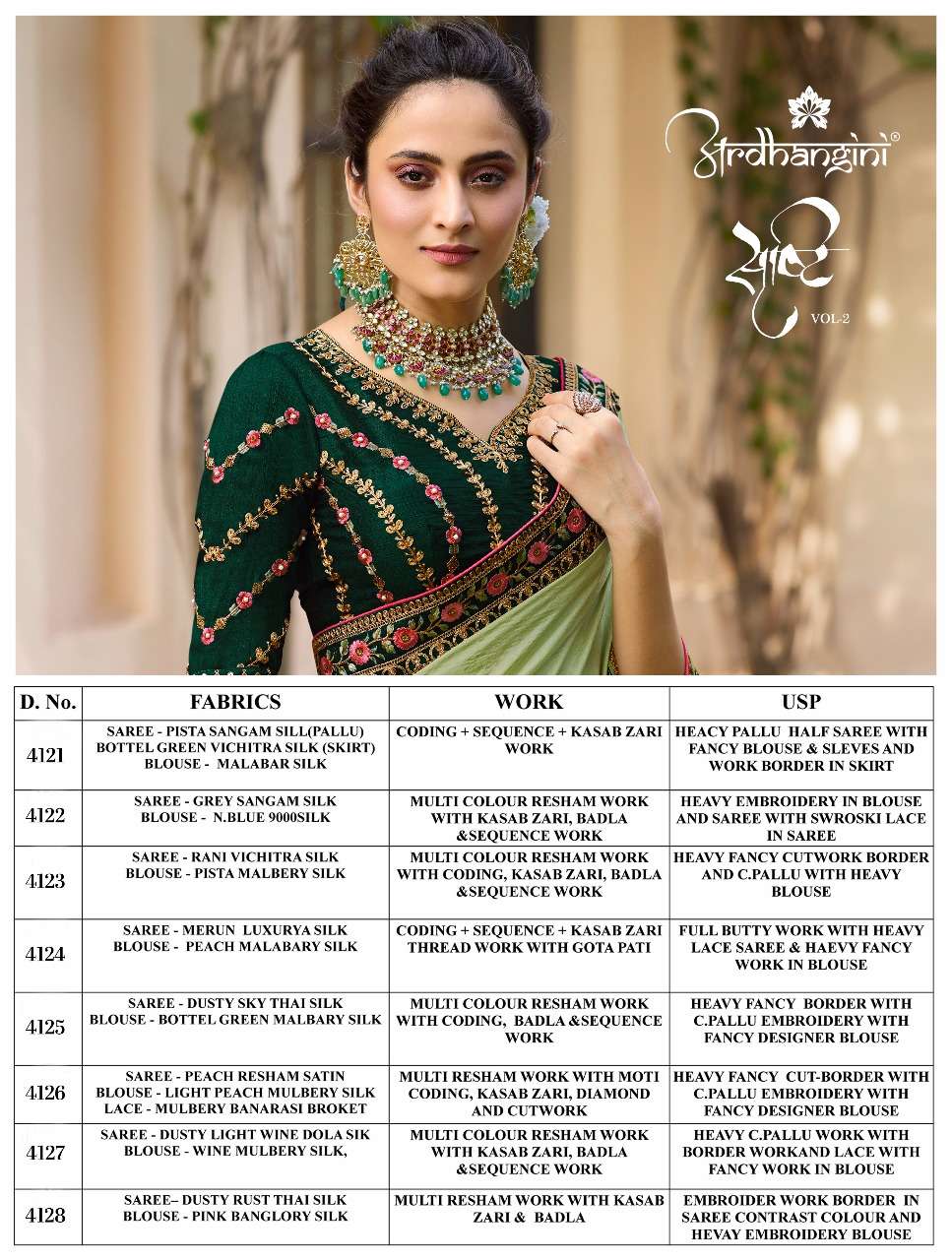 Srushti Vol-2 By Ardhangini 4121 To 4128 Series Indian Traditional Wear Collection Beautiful Stylish Fancy Colorful Party Wear & Occasional Wear Crepe/ Silk/ Stin/banarasi Sarees At Wholesale Price