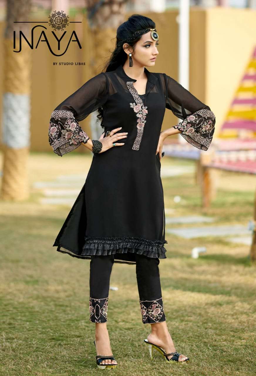 LUXURY PRET COLLECTION VOL-55 BY INAYA 5501 TO 5503 SERIES BEAUTIFUL DESIGNER COLORFUL STYLISH FANCY CASUAL WEAR & ETHNIC WEAR & READY TO WEAR PURE GEORGETTE KURTIS & PALAZZOS AT WHOLESALE PRICE