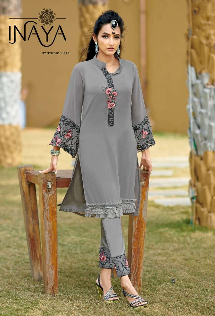 LUXURY PRET COLLECTION VOL-55 BY INAYA 5501 TO 5503 SERIES BEAUTIFUL DESIGNER COLORFUL STYLISH FANCY CASUAL WEAR & ETHNIC WEAR & READY TO WEAR PURE GEORGETTE KURTIS & PALAZZOS AT WHOLESALE PRICE