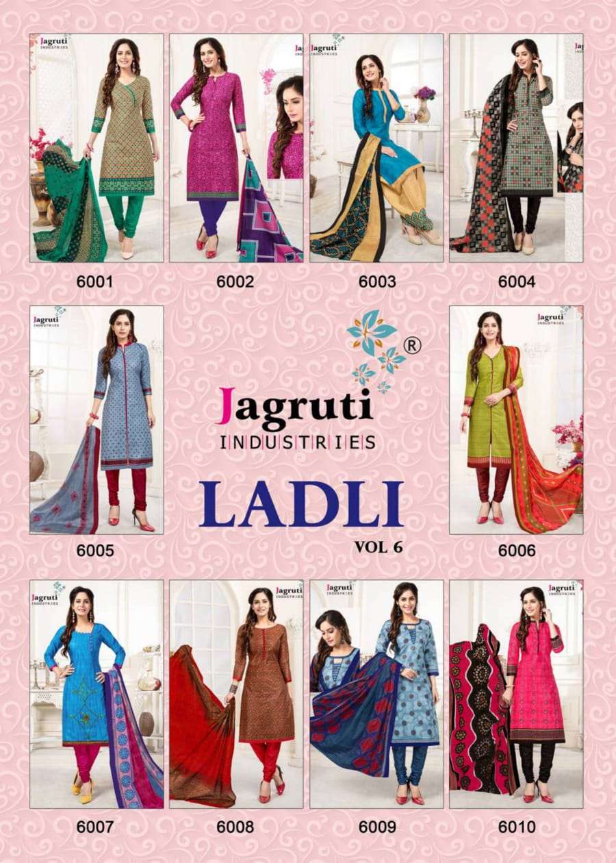 LADLI VOL-6 BY JAGRUTI 6001 TO 6010 SERIES BEAUTIFUL SUITS STYLISH FANCY COLORFUL PARTY WEAR & ETHNIC WEAR COTTON PRINTED DRESSES AT WHOLESALE PRICE