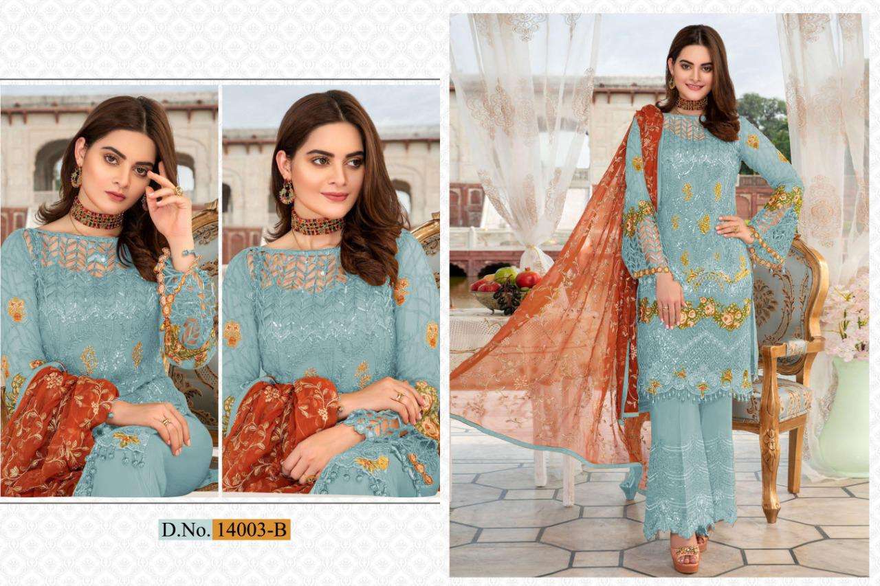 SHAKINA COLOR EDITION SUPER HIT DESIGN HX BY CYRA FASHION 14004-A TO 14004-C SERIES DESIGNER PAKISTANI SUITS BEAUTIFUL FANCY STYLISH COLORFUL PARTY WEAR & OCCASIONAL WEAR HEAVY NET WITH EMBROIDERY AND HAND WORK DRESSES AT WHOLESALE PRICE