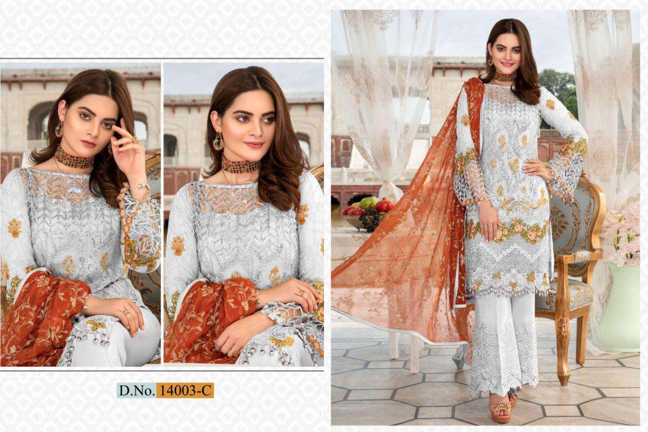 SHAKINA COLOR EDITION SUPER HIT DESIGN HX BY CYRA FASHION 14004-A TO 14004-C SERIES DESIGNER PAKISTANI SUITS BEAUTIFUL FANCY STYLISH COLORFUL PARTY WEAR & OCCASIONAL WEAR HEAVY NET WITH EMBROIDERY AND HAND WORK DRESSES AT WHOLESALE PRICE
