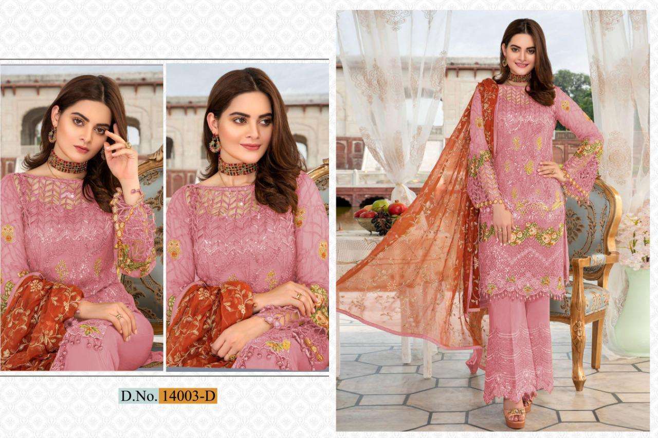 SHAKINA COLOR EDITION SUPER HIT DESIGN HX BY CYRA FASHION 14004-A TO 14004-C SERIES DESIGNER PAKISTANI SUITS BEAUTIFUL FANCY STYLISH COLORFUL PARTY WEAR & OCCASIONAL WEAR HEAVY NET WITH EMBROIDERY AND HAND WORK DRESSES AT WHOLESALE PRICE