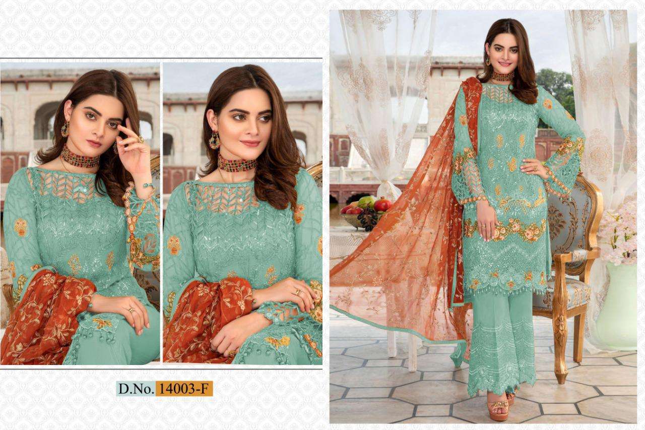 SHAKINA COLOR EDITION SUPER HIT DESIGN HX BY CYRA FASHION 14004-A TO 14004-C SERIES DESIGNER PAKISTANI SUITS BEAUTIFUL FANCY STYLISH COLORFUL PARTY WEAR & OCCASIONAL WEAR HEAVY NET WITH EMBROIDERY AND HAND WORK DRESSES AT WHOLESALE PRICE