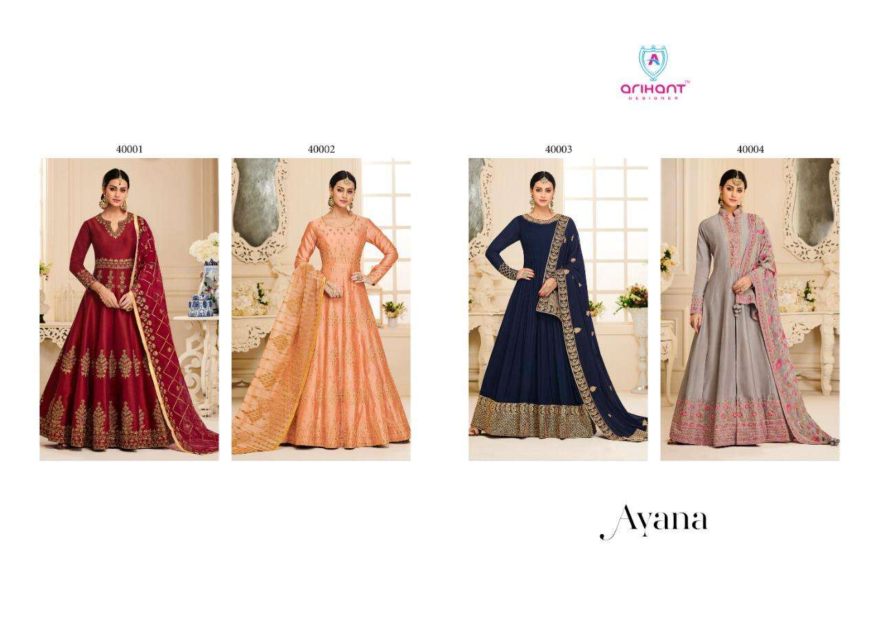 Ayana By Arihant Designer 40001 To 40004 Series Designer Anarkali Suits Wedding Collection Beautiful Fancy Colorful Party Wear & Occasional Wear Mulberry Silk With Fusing / Apple Georgette Embroidery Dresses At Wholesale Price