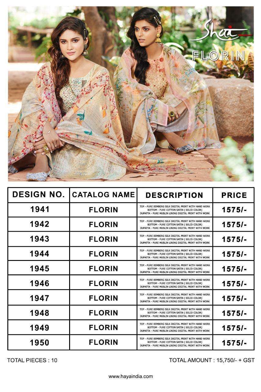 FLORIN BY SHAI 1941 TO 1950 SERIES BEAUTIFUL STYLISH FANCY COLORFUL DESIGNER PARTY WEAR & ETHNIC WEAR PURE BEMBERG SILK DIGITAL PRINTED WITH HANDWORK DRESSES AT WHOLESALE PRICE