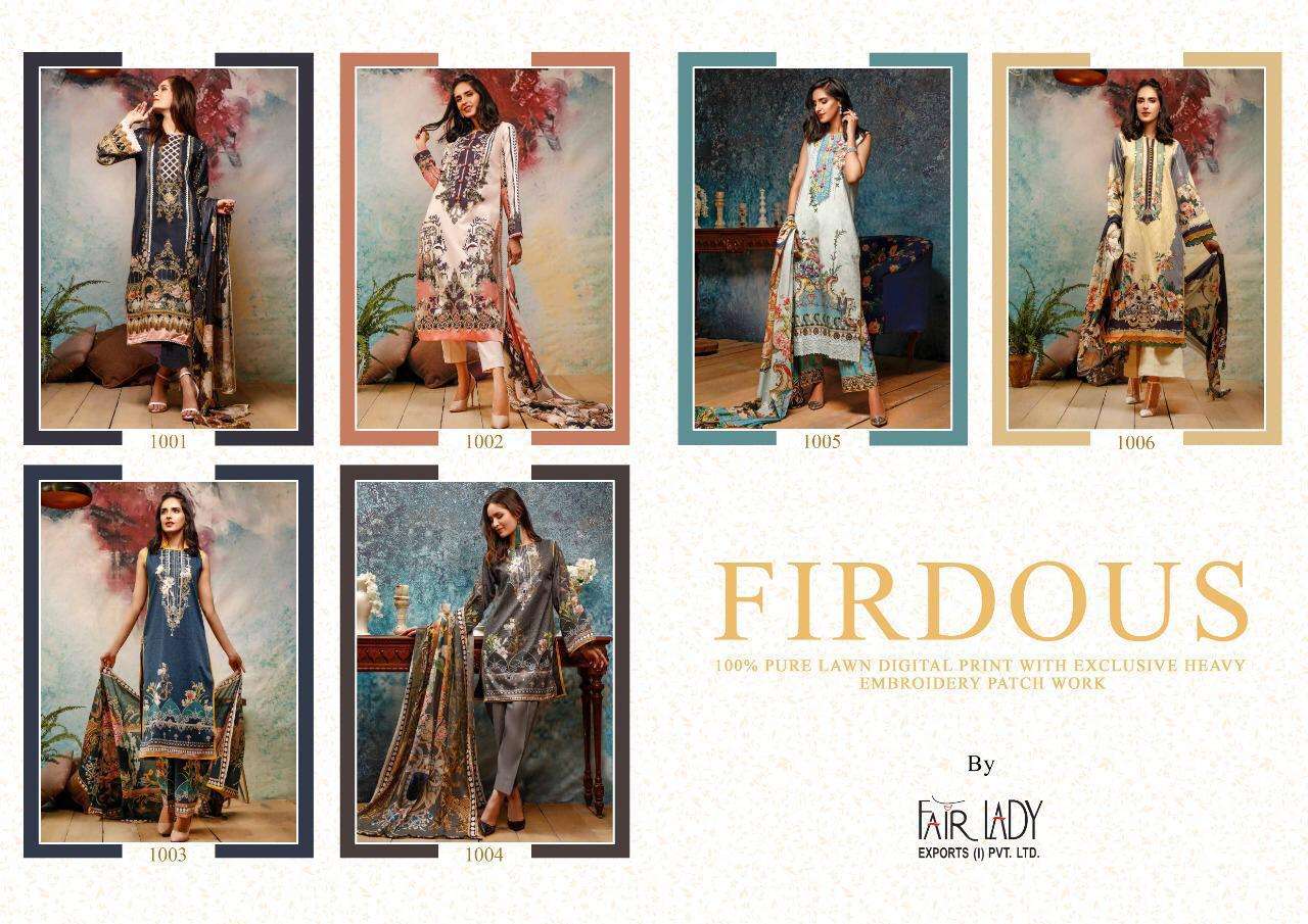 FIRDOUS BY FAIR LADY 1001 TO 1006 SERIES BEAUTIFUL PAKISTANI SUITS COLORFUL STYLISH FANCY CASUAL WEAR & ETHNIC WEAR PURE LAWN COTTON DIGITAL PRINTED DRESSES AT WHOLESALE PRICE