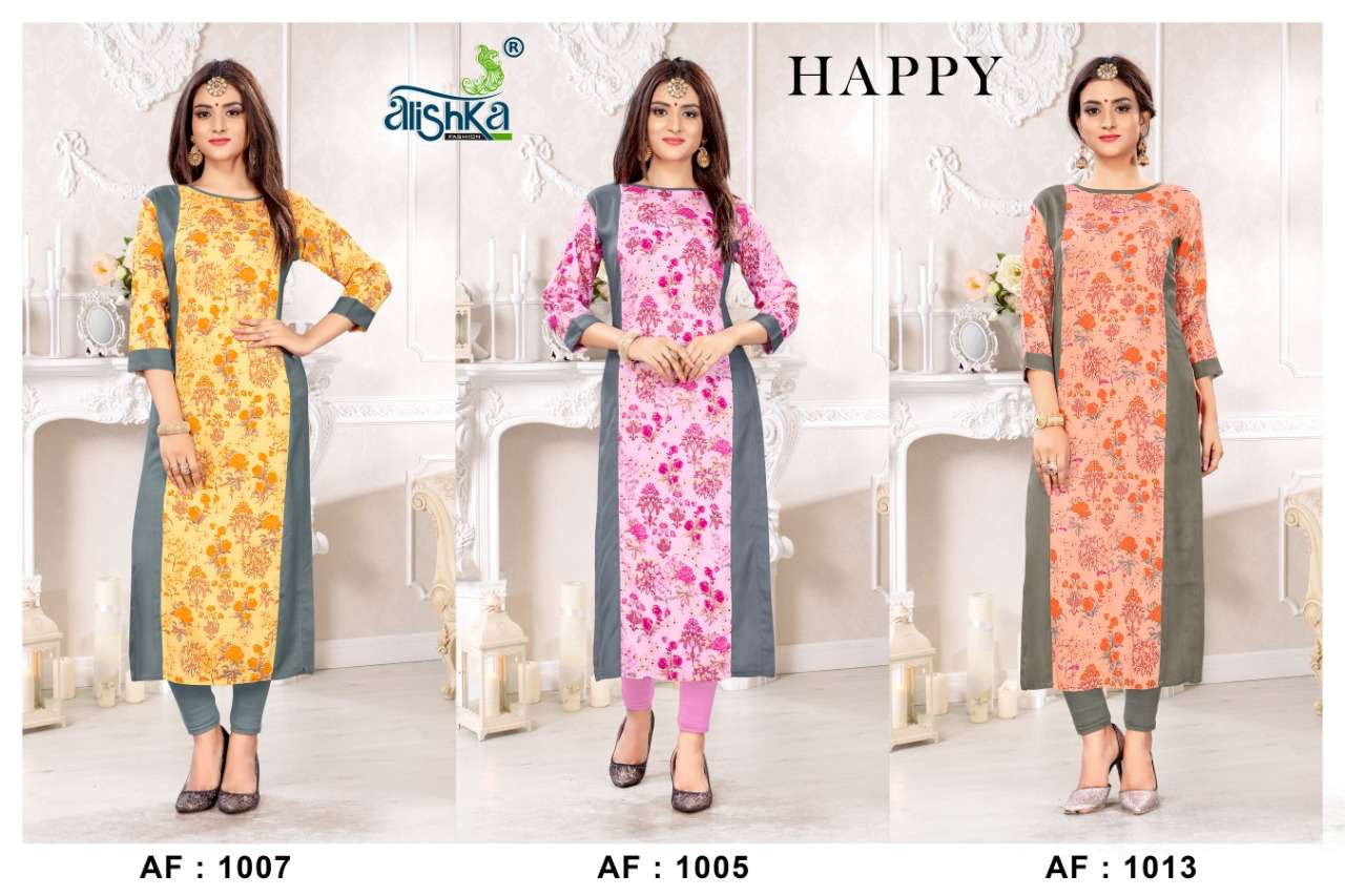 HAPPY BY ALISHKA FASHION 1005 TO 1007 SERIES BEAUTIFUL COLORFUL STYLISH FANCY CASUAL WEAR & ETHNIC WEAR & READY TO WEAR RAYON PRINTED KURTIS AT WHOLESALE PRICE