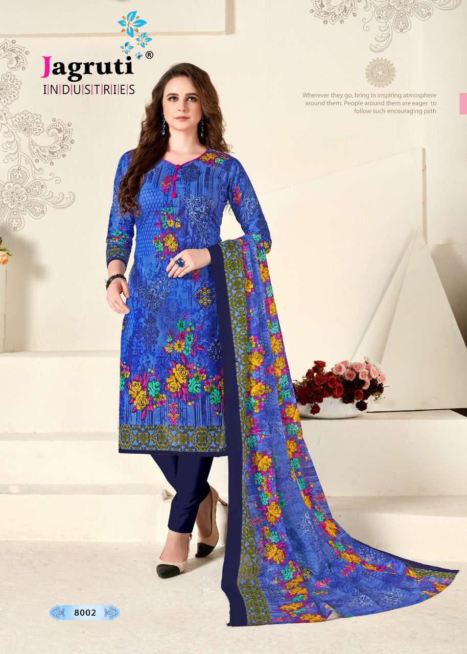 NARGISH VOL-8 BY JAGRUTI 8001 TO 8010 SERIES BEAUTIFUL SUITS STYLISH FANCY COLORFUL PARTY WEAR & OCCASIONAL WEAR COTTON PRINTED DRESSES AT WHOLESALE PRICE