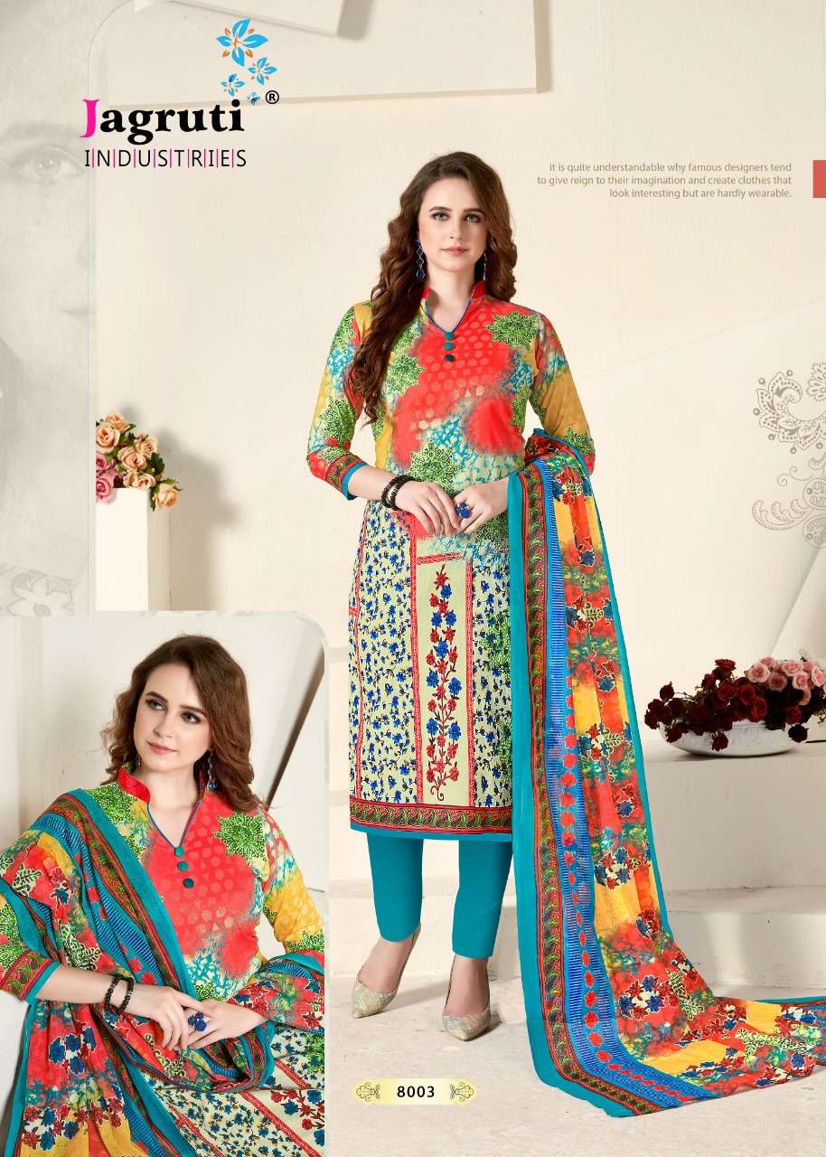 NARGISH VOL-8 BY JAGRUTI 8001 TO 8010 SERIES BEAUTIFUL SUITS STYLISH FANCY COLORFUL PARTY WEAR & OCCASIONAL WEAR COTTON PRINTED DRESSES AT WHOLESALE PRICE