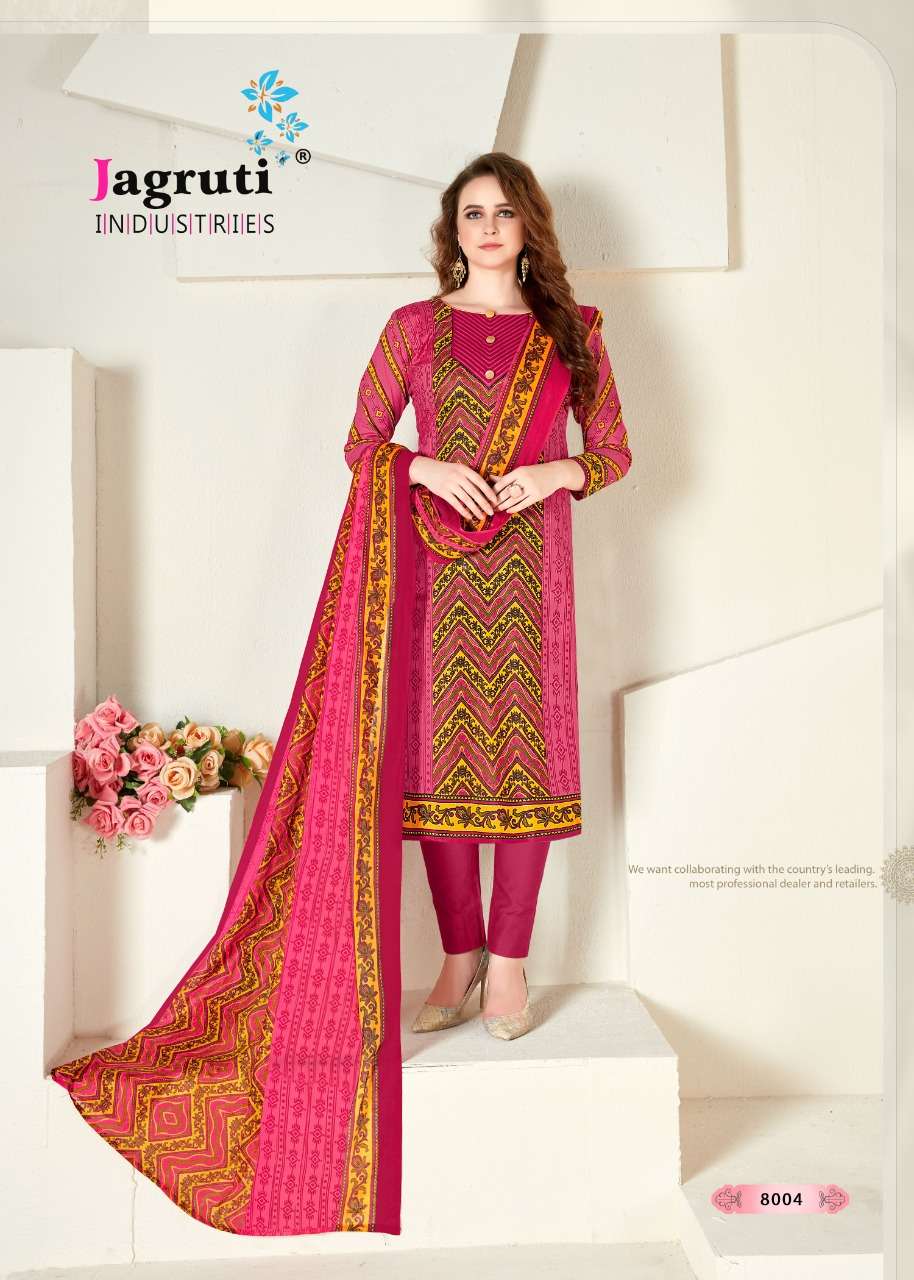 NARGISH VOL-8 BY JAGRUTI 8001 TO 8010 SERIES BEAUTIFUL SUITS STYLISH FANCY COLORFUL PARTY WEAR & OCCASIONAL WEAR COTTON PRINTED DRESSES AT WHOLESALE PRICE