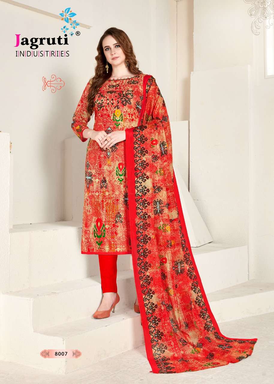 NARGISH VOL-8 BY JAGRUTI 8001 TO 8010 SERIES BEAUTIFUL SUITS STYLISH FANCY COLORFUL PARTY WEAR & OCCASIONAL WEAR COTTON PRINTED DRESSES AT WHOLESALE PRICE