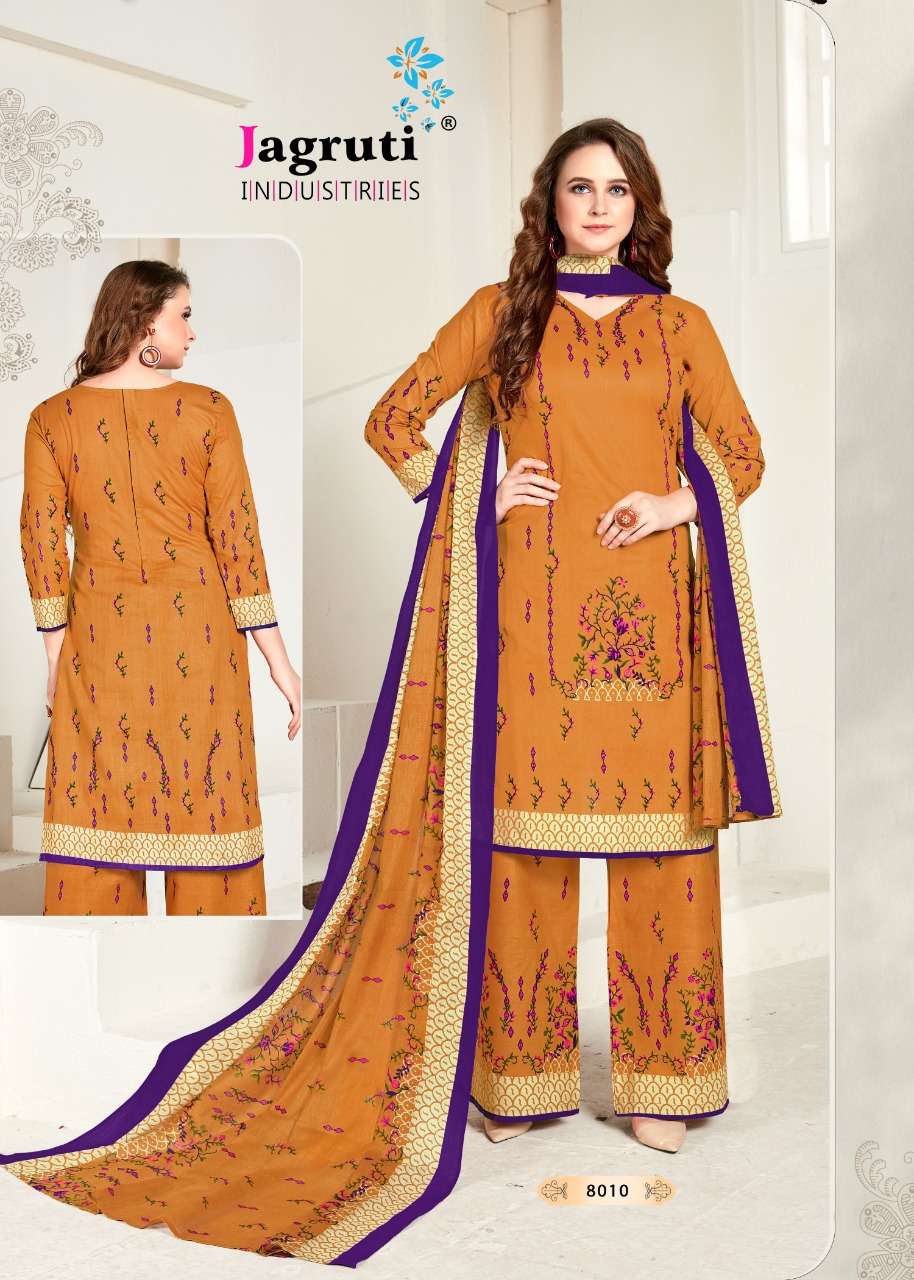 NARGISH VOL-8 BY JAGRUTI 8001 TO 8010 SERIES BEAUTIFUL SUITS STYLISH FANCY COLORFUL PARTY WEAR & OCCASIONAL WEAR COTTON PRINTED DRESSES AT WHOLESALE PRICE