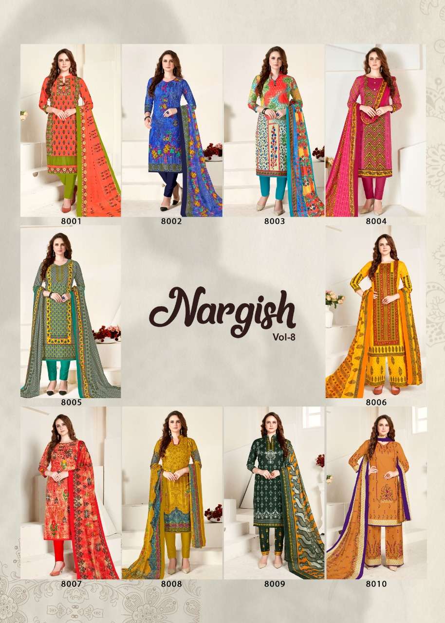 NARGISH VOL-8 BY JAGRUTI 8001 TO 8010 SERIES BEAUTIFUL SUITS STYLISH FANCY COLORFUL PARTY WEAR & OCCASIONAL WEAR COTTON PRINTED DRESSES AT WHOLESALE PRICE