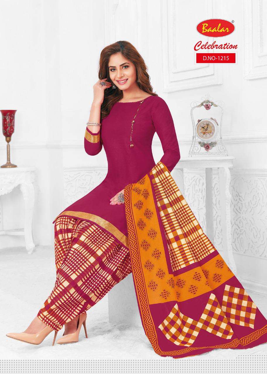 CELEBRATION VOL-12 BY BAALAR 1215 TO 1232 SERIES DESIGNER PATIYALA SUITS BEAUTIFUL FANCY COLORFUL STYLISH PARTY WEAR & ETHNIC WEAR COTTON PRINTED DRESSES AT WHOLESALE PRICE