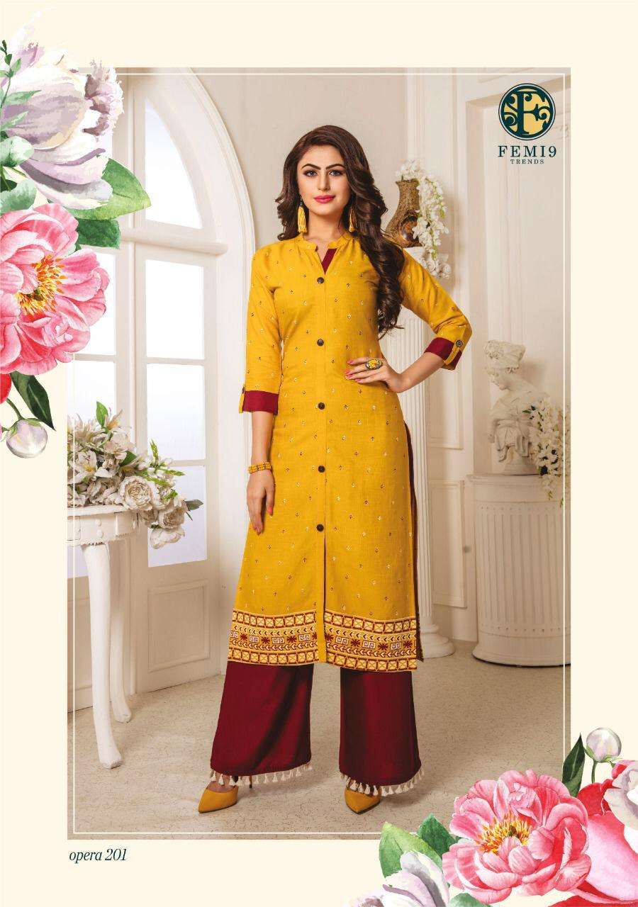 Opera Vol-2 By Femi9 Trendz 2001 To 2010 Series Beautiful Stylish Fancy Colorful Casual Wear & Ethnic Wear Rayon Print Kurtis With Palazzo At Wholesale Price