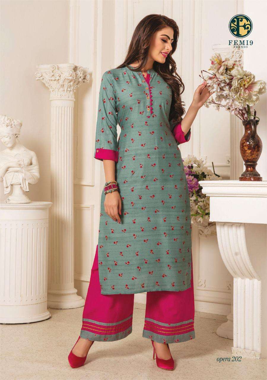 Opera Vol-2 By Femi9 Trendz 2001 To 2010 Series Beautiful Stylish Fancy Colorful Casual Wear & Ethnic Wear Rayon Print Kurtis With Palazzo At Wholesale Price