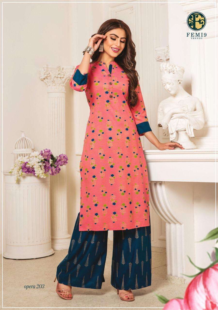 Opera Vol-2 By Femi9 Trendz 2001 To 2010 Series Beautiful Stylish Fancy Colorful Casual Wear & Ethnic Wear Rayon Print Kurtis With Palazzo At Wholesale Price