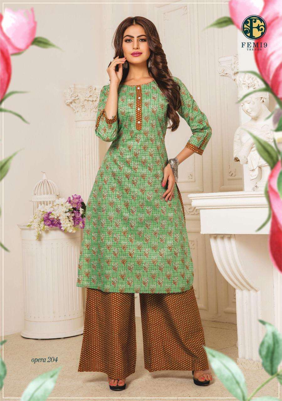 Opera Vol-2 By Femi9 Trendz 2001 To 2010 Series Beautiful Stylish Fancy Colorful Casual Wear & Ethnic Wear Rayon Print Kurtis With Palazzo At Wholesale Price