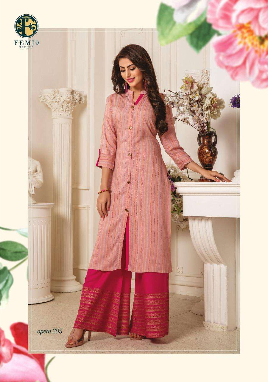 Opera Vol-2 By Femi9 Trendz 2001 To 2010 Series Beautiful Stylish Fancy Colorful Casual Wear & Ethnic Wear Rayon Print Kurtis With Palazzo At Wholesale Price