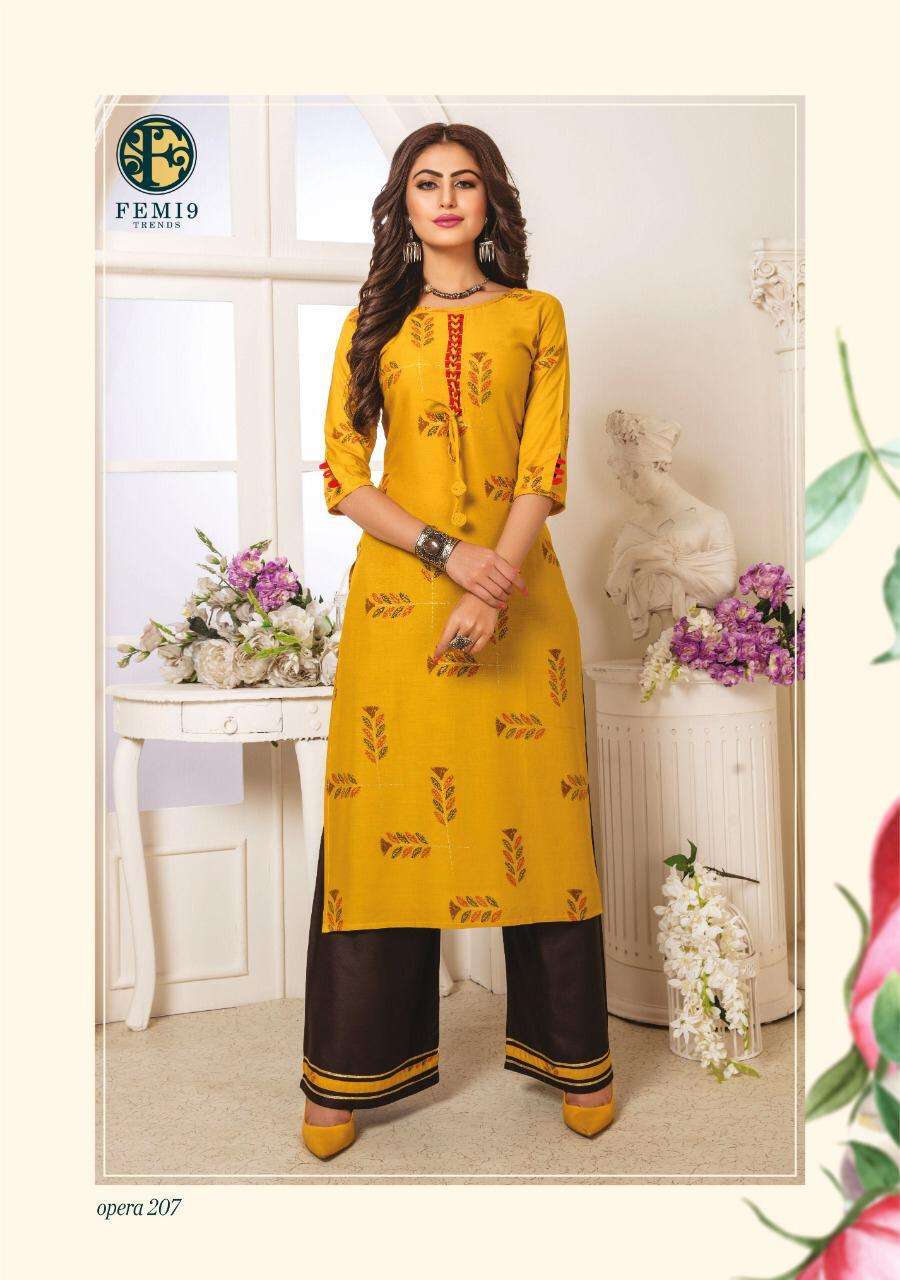 Opera Vol-2 By Femi9 Trendz 2001 To 2010 Series Beautiful Stylish Fancy Colorful Casual Wear & Ethnic Wear Rayon Print Kurtis With Palazzo At Wholesale Price