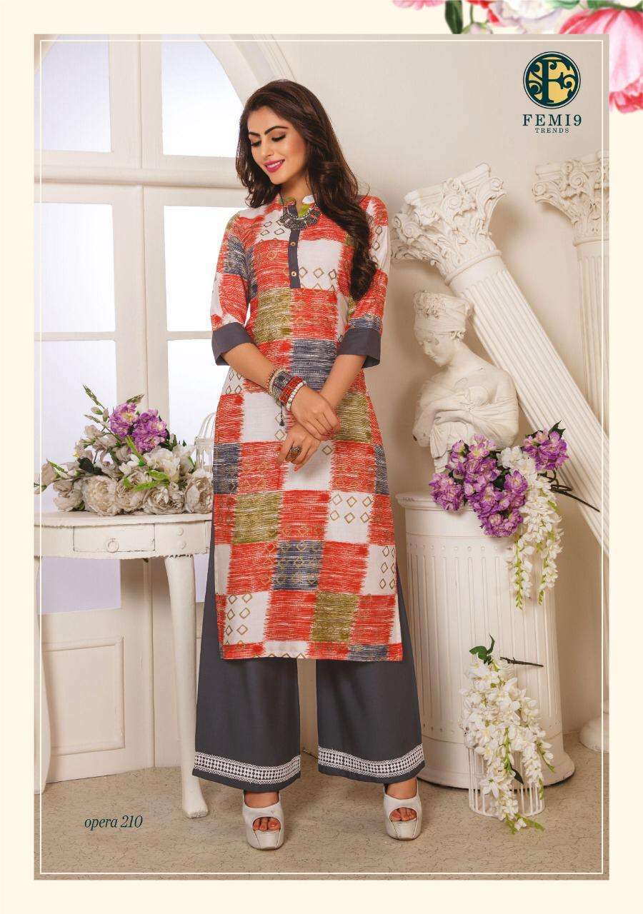 Opera Vol-2 By Femi9 Trendz 2001 To 2010 Series Beautiful Stylish Fancy Colorful Casual Wear & Ethnic Wear Rayon Print Kurtis With Palazzo At Wholesale Price