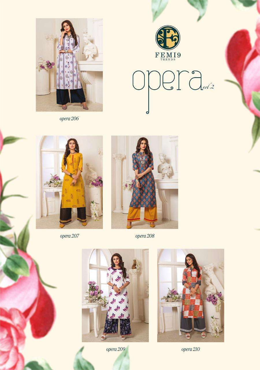 Opera Vol-2 By Femi9 Trendz 2001 To 2010 Series Beautiful Stylish Fancy Colorful Casual Wear & Ethnic Wear Rayon Print Kurtis With Palazzo At Wholesale Price