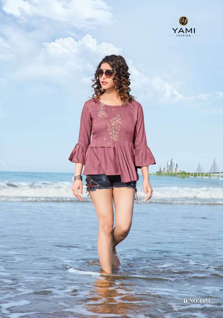 TOPSY VOL-11 BY YAMI FASHION 4451 TO 4459 SERIES BEAUTIFUL COLORFUL STYLISH FANCY CASUAL WEAR & READY TO WEAR RAYON EMBROIDERED TOPS AT WHOLESALE PRICE