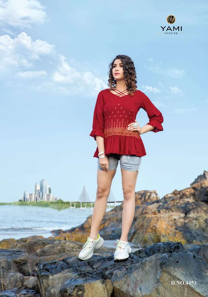 TOPSY VOL-11 BY YAMI FASHION 4451 TO 4459 SERIES BEAUTIFUL COLORFUL STYLISH FANCY CASUAL WEAR & READY TO WEAR RAYON EMBROIDERED TOPS AT WHOLESALE PRICE